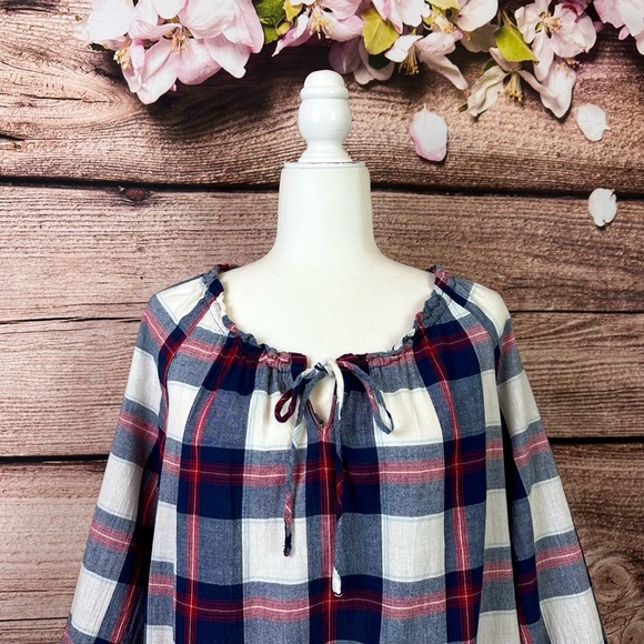 SOLD 🛍️ Faded Glory Women’s Cotton Plaid Shirred Tie Front Lagenlook Blouse - Picture 2 of 8